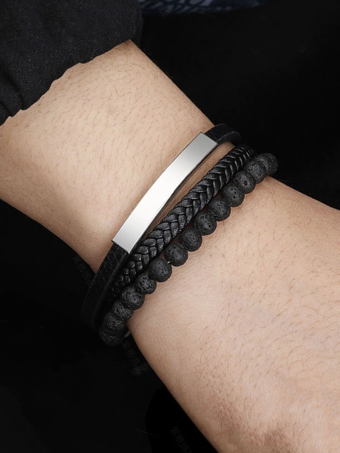 Jewels Galaxy Men Leather Silver-Plated Artificial Beads Bracelet