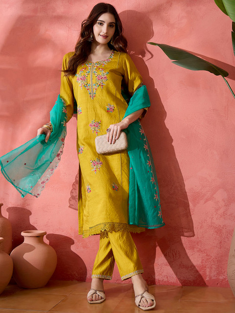 Sangria Yellow Floral Embroidered Notch Neck Straight Kurta With Trouser & Dupatta