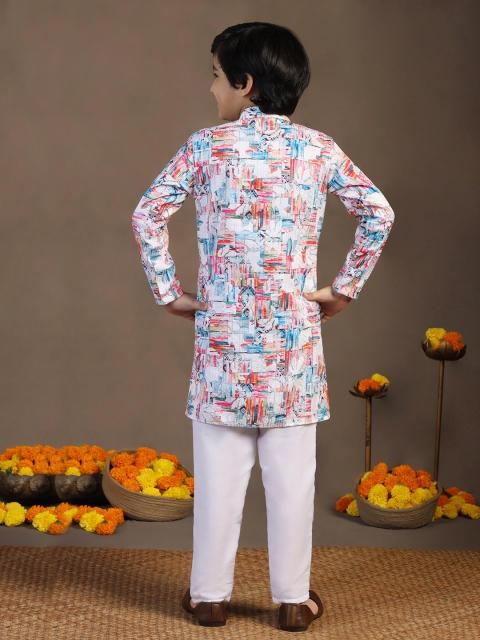 Sangria Boys White Abstract Printed Band Collar Sequinned Straight Kurta With Trousers - Image 5