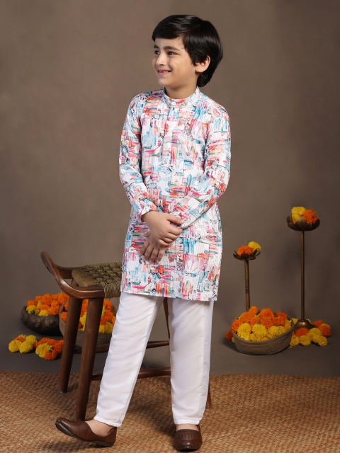 Sangria Boys White Abstract Printed Band Collar Sequinned Straight Kurta With Trousers - Image 6