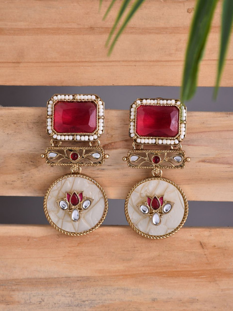 Anvik Artificial Stones Studded And Beaded Contemporary Shaped Drop Earrings