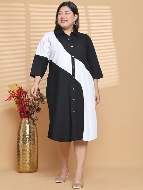 TheRebelinme Plus Size Women Colourblocked Shirt Midi Dress