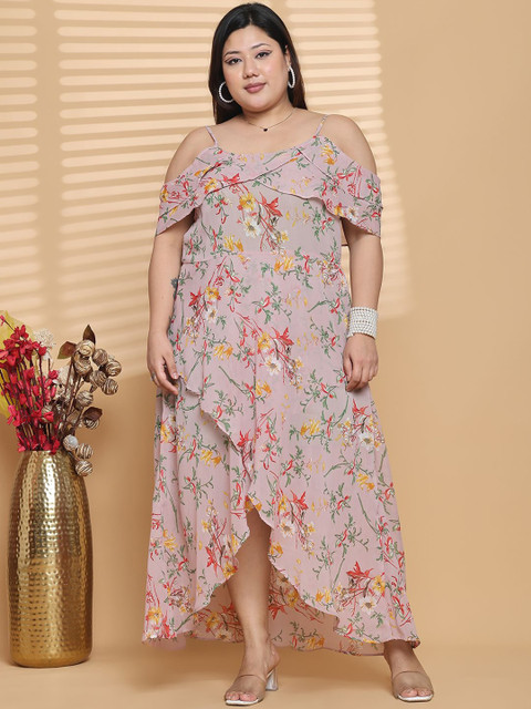 theRebelinme Women Plus Size Floral Printed Layered Georgette A-Line Maxi Dress