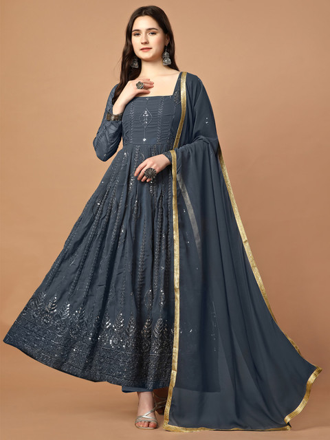 Kedar Fab Ethnic Motifs Embroidered Georgette Pleated Ethnic Dresses With Dupatta
