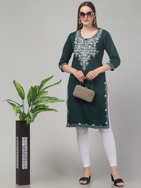 FAMBEE Floral Embroidered Round Neck Woollen Straight Kurta