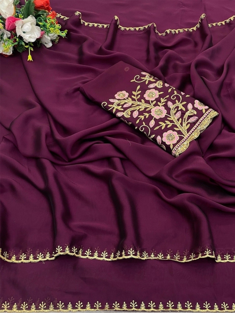 K 5 Fashion Embroidered Pure Chiffon Saree