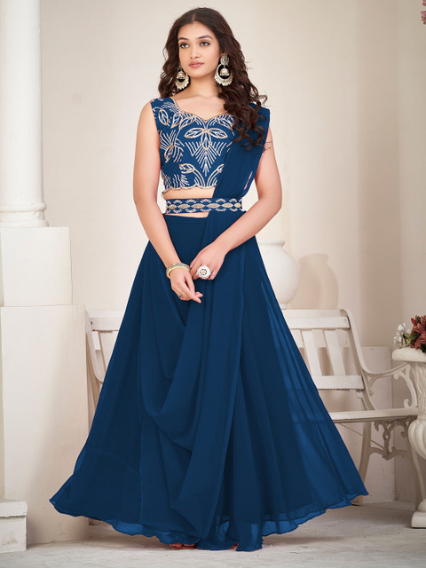 KALINI Embroidered Thread Work Semi-Stitched Lehenga & Unstitched Blouse With Dupatta