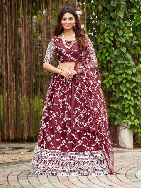 KALINI Embroidered Thread Work Semi-Stitched Lehenga & Unstitched Blouse With Dupatta