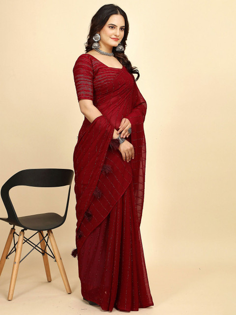 K 5 Fashion Striped Embroidered Pure Chiffon Saree