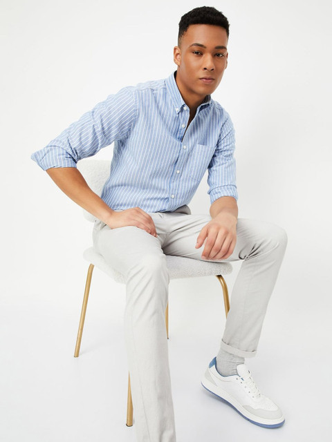 max Men Button-Down Collar Vertical Striped Cotton Casual Shirt