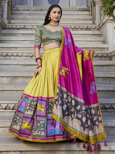 LOOKNBOOK ART Kalamkari Printed Ready to Wear Lehenga & Unstitched Blouse With Dupatta