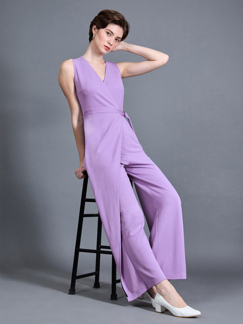 Miss Chase Women V-Neck Sleeveless Solid Wrap Regular Length Formal Jumpsuit