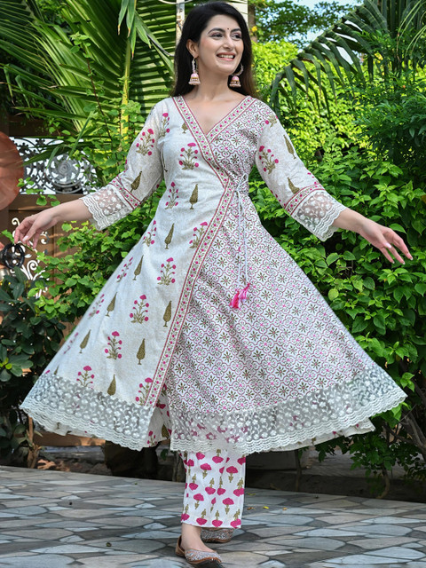 DSS FASHION Women Floral Printed Anarkali Angrakha Knee Length Pure Cotton Kurta Set - Image 5