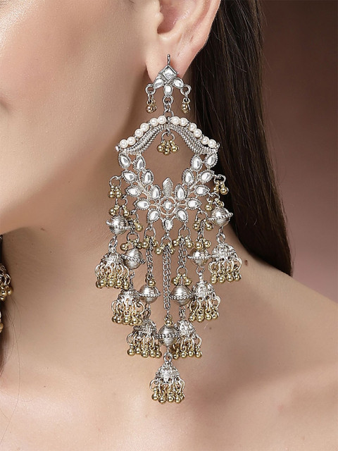KARATCART Silver-Plated Kundan Studded Oxidized Drop Earrings