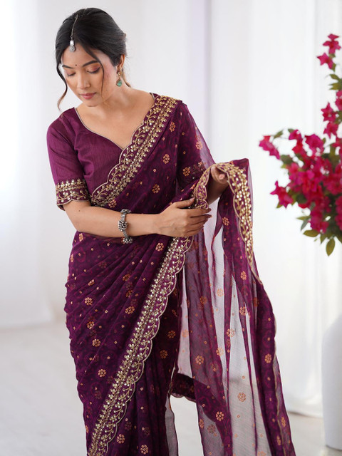 CaniBani Magenta Pure Chiffon Sarees