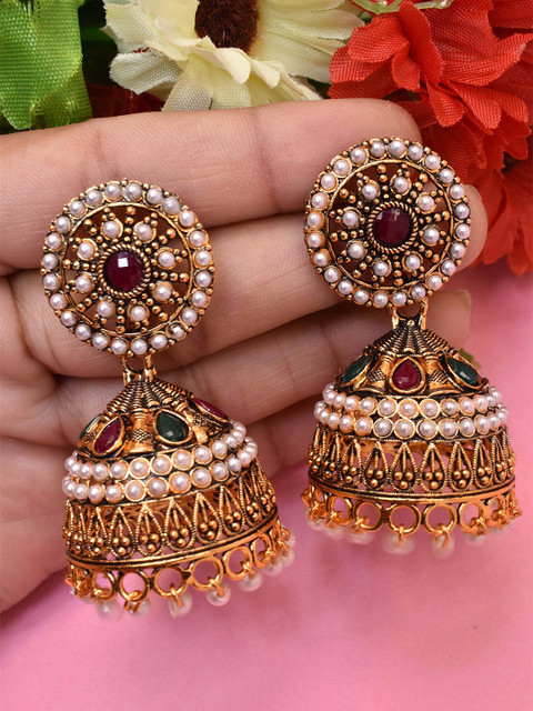 MEIRA JEWELLERY Gold-Plated Artificial Stones Studded Contemporary Jhumkas
