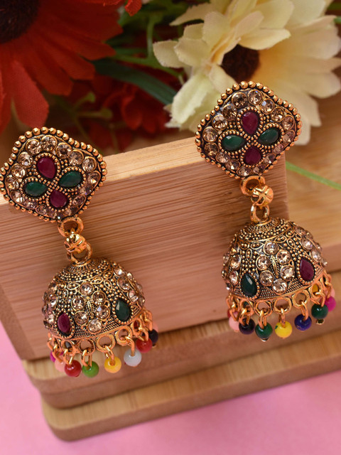 MEIRA JEWELLERY Gold-Plated Artificial Stones Studded Contemporary Jhumkas