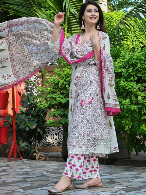 DSS FASHION Women Floral Printed Anarkali Angrakha Knee Length Pure Cotton Kurta Set - Image 4