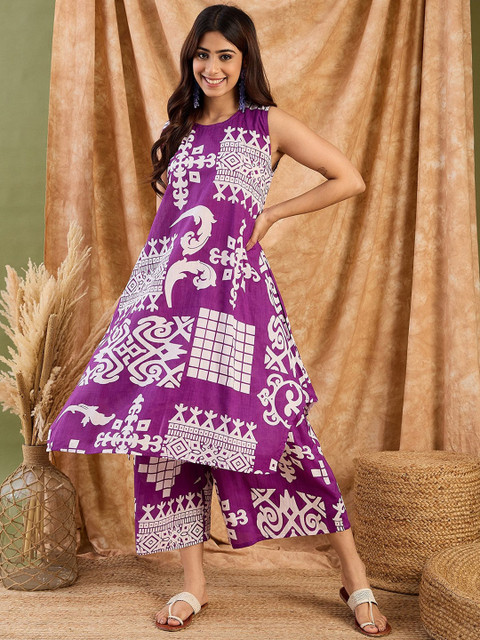 InWeave Women Geometric Printed Cotton A-Line Kurta with Palazzo