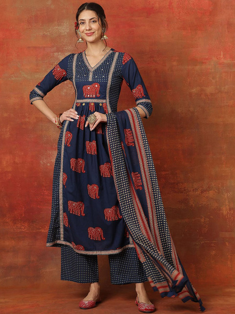 Sangria Printed Pure Cotton V-Neck Anarkali Kurta With Palazzos And Dupatta