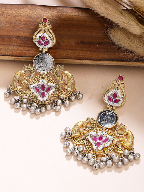KARATCART Gold Plated Kundan Studded Peacock Shaped Lord Shiva Coin Embedded Drop Earrings