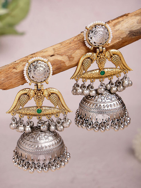 KARATCART Gold-Plated Dome Shaped Kundan Studded & Beaded Bird Motif Jhumkas