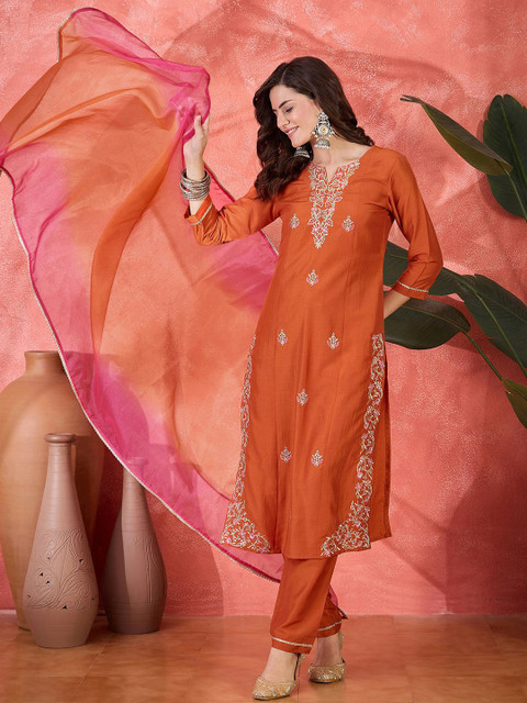Sangria Zari Ethnic Motifs Embroidered Straight Kurta With Trouser & Dupatta