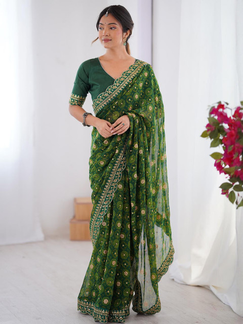 CaniBani Green Pure Chiffon Sarees