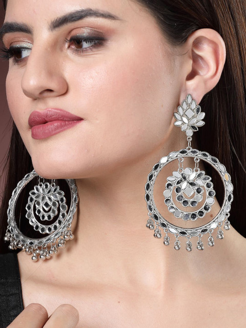 Anouk Silver-Plated Mirror Oxidised Circular Drop Earrings