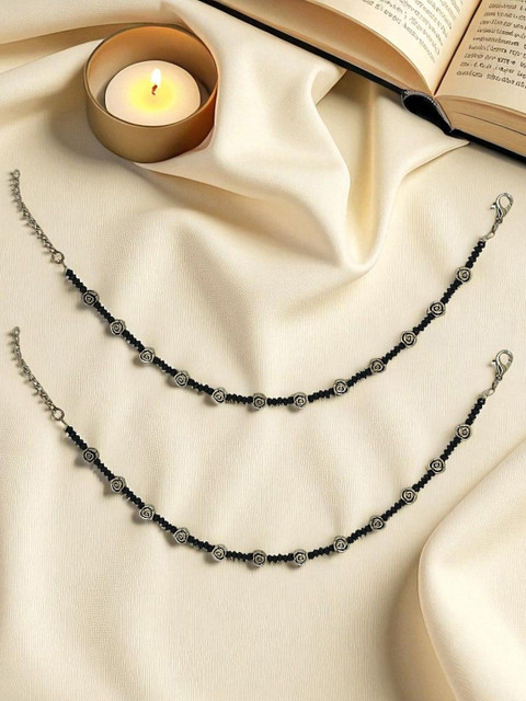 FEMMIBELLA Silver-Plated Artificial Beaded Oxidised Anklets