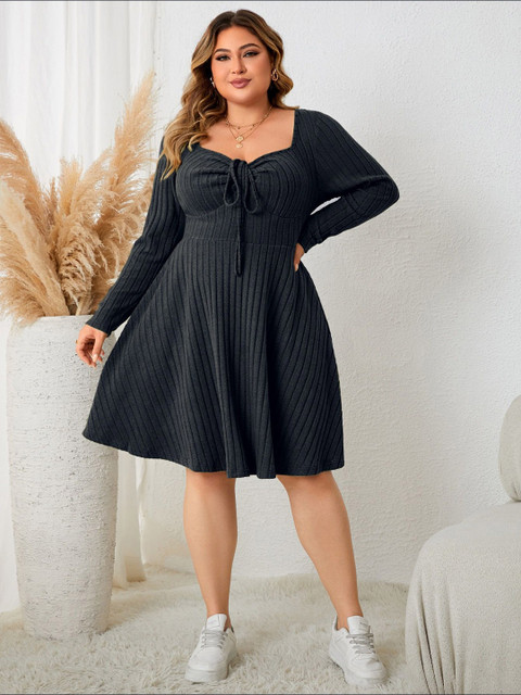 Sztori Women Plus Size Tie-Up Neck Fit & Flare knit Dress