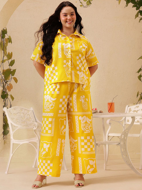 CURVY STREET Printed Shirt Collar Pure Cotton Shirt With Trousers Co-Ords