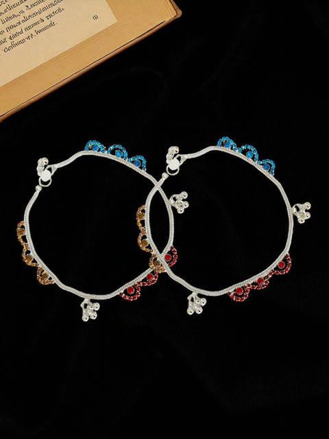 FEMMIBELLA Silver-Plated Artificial Stones Studded Ghungroo Anklets