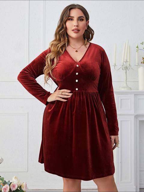 Sztori Women Solid Plus Size Fit and Flare velvet Dress