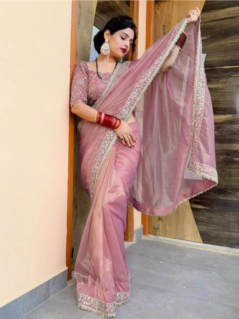 Being Naari Solid Tissue Saree With Mirror Work Border & Embelished Blouse - Image 5