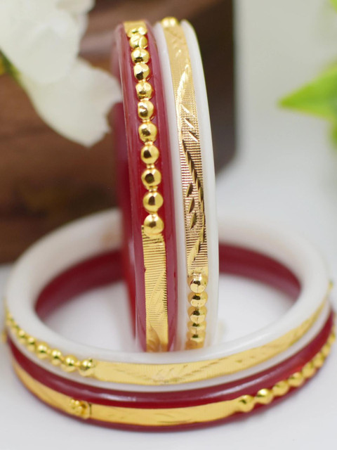 SATTIK Pack of 4 Plastic Red & White With Gold-plated Shakha Pola Bangles