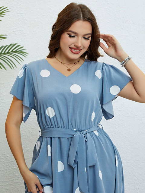 Sztori Women Plus Size Polka Dot Printed Flared Sleeve Belted Fit & Flare Dress