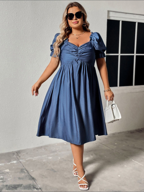 Sztori Women Plus Size Sweetheart Neck Smocked Fit & Flare Dress