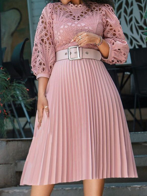 Sztori Women Plus size Self Design Belted Accordion Pleats Fit & Flare Midi Dress