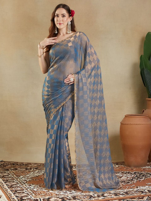 kasee Woven Design Checked Embellished Beads and Stones Border Saree