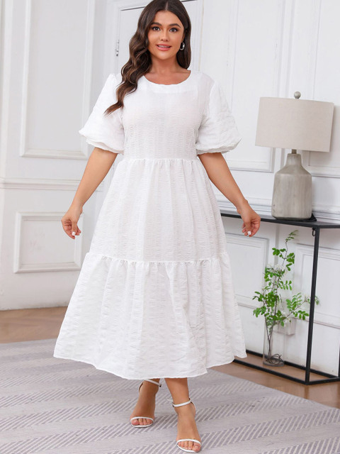Sztori Plus Size Puff Sleeves Tiered Fit and Flare Midi Dress