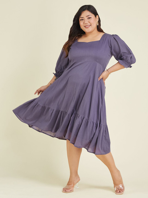 Janasya Janasya Women's Plus Size Purple Pure Cotton Solid A-line Dress
