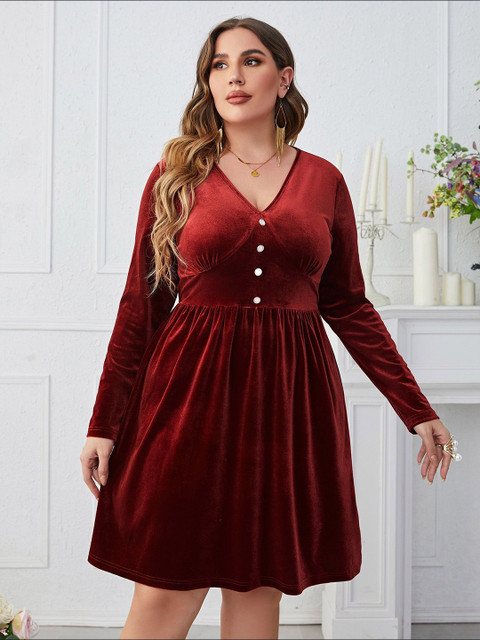 Sztori Women Solid Plus Size Fit and Flare velvet Dress - Image 7