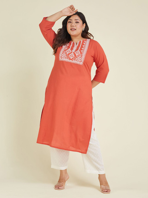 Janasya Women Plus Size Floral Embroidered Daily Cotton Straight Kurta