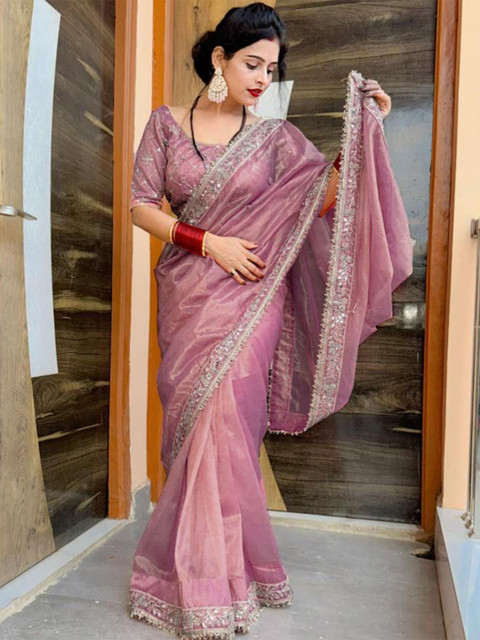 Being Naari Solid Tissue Saree With Mirror Work Border & Embelished Blouse - Image 4