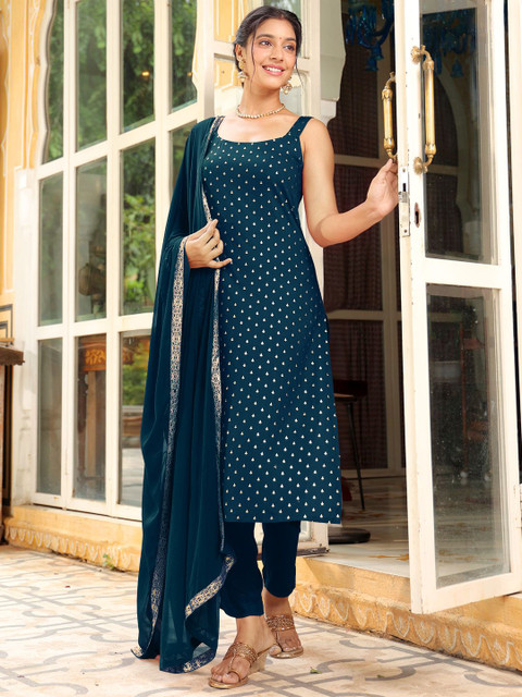Janasya Women Ethnic Motifs Embroidered Kurta with Trouser & Dupatta