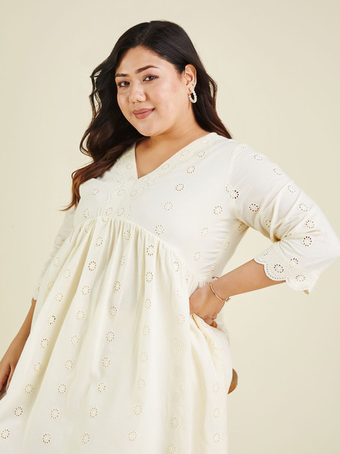 Janasya Women Plus Size Off White Embroidered Pure Cotton Schiffli A-line Tunic
