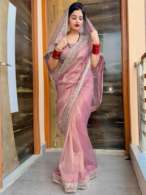 Being Naari Solid Tissue Saree With Mirror Work Border & Embelished Blouse - Image 6