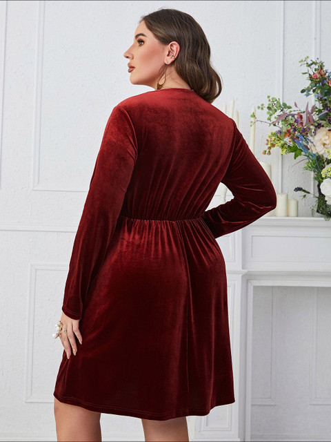 Sztori Women Solid Plus Size Fit and Flare velvet Dress - Image 6