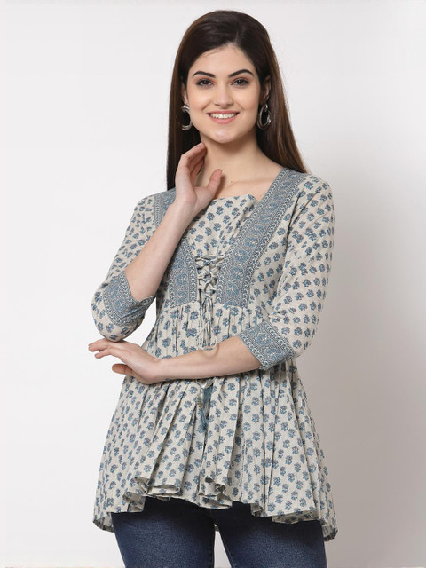 HISHAM Women Grey Ethnic Motifs Printed Cotton Anarkali Short Kurti